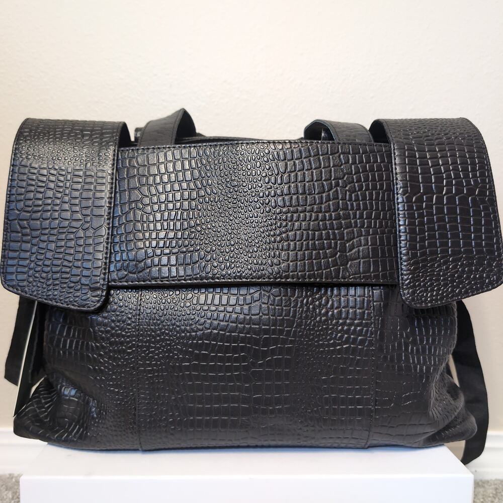 Black Croc Embossed Leather Tote Bag